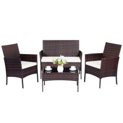 4pc Brown PE Rattan Patio Set - 2 Chairs, Loveseat + Table