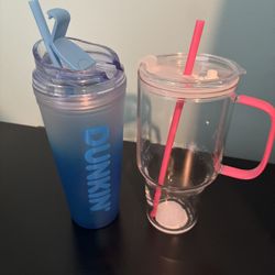 Blue Dunkin Donuts Cup Along With Pink Glass Cup 