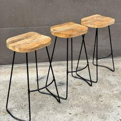 (Set of 3) Modern Mid Century Solid Mango Wood Bar Height Stool 30"