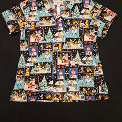Peaches Sparkly Snowman Christmas Women's Scrub Top Size Small