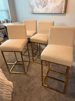 Set of 4 Upholstered Bar Stools with Gold Frames