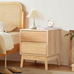 Fluted Wooden Nightstand Set of 2, Night Stands with with 2 Drawers, End Table, Side Table Wood Accent Table with Storage for Bedroom, Natural Oak