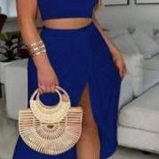 2pcs Women   Set - Sleeveless Round Neck Top And Split Hem Skirt,
