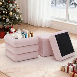 New Square Ottoman with Storage Set of 2,Upholstered Teddy Vanity Stool for Living Room,Bedroom,Pink