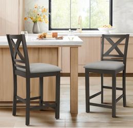 Bar Stools Set of 2, Counter Height Bar Stools, Mid Century Modern Barstools with Back, Wood Barstools for Kitchen Dining Room Bar, Color–Dark Grey