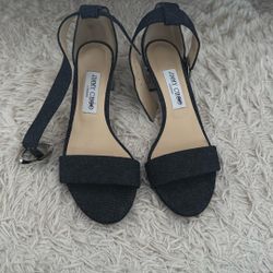 Jimmy Choo Jaimie 40mm Silver Denim Block Heel Shoes Size 38