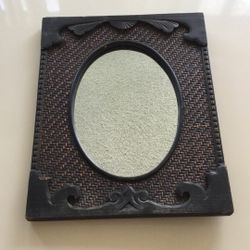 Vintage Oval Wall Mirror.Frame Crafted From Rattan And Carved Wood 19x 15