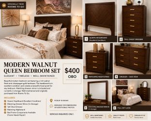 Walnut Queen Bedroom Set w/ Mirror, Dresser & Nightstand - $400 OBO