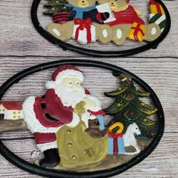 Vintage Cast Iron painted Christmas Santa Claus kitchen trivets