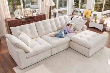 110" Oversized Cloud Sectional Boneless Couch, Modular Chenille L-Shaped Compressed Sofa with Ottoman & 3-in-1 Multi-Purpose Pillow, 3 Seater Memory F