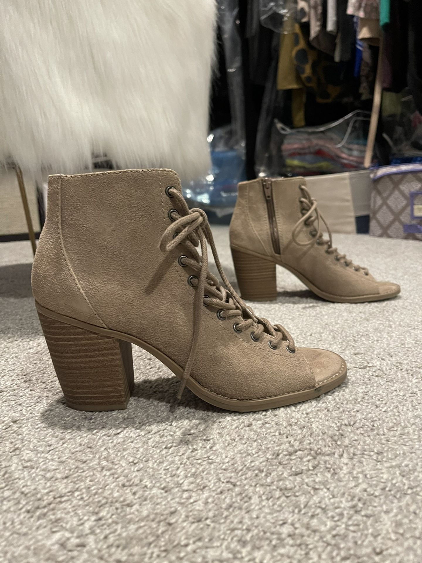 Mossimo Beige Peep Toe Booties On Thick Heel