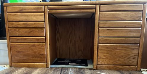 Solid Oak Desk with Lockable File Drawers - Vintage Double Pedestal