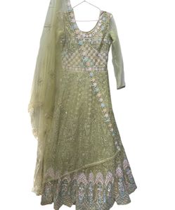 Embroidery Green Gown Anarkali Dress With Dupatta 