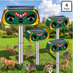 (D-33) 4-Pack Solar Powered Ultrasonic Animal Repeller Outdoor Waterproof Deer Cat Dog Squirrel Raccoon Rabbit Deterrent with Motion Sensor & Flashing