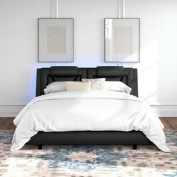 Queen Size Belarmina PU Upholstered Low Profile Platform Bed with LED Light