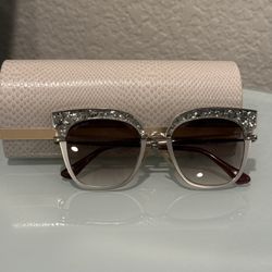JIMMY CHOO ROSY Gunmetal Pink/Grey Glitter Bar Flat Butterfly Sunglasses With Case