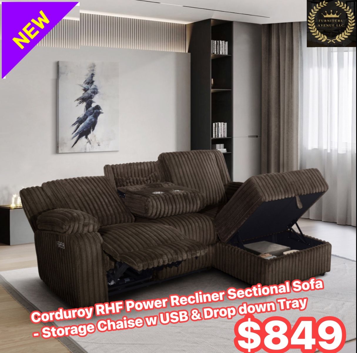 Power Recliner Sofa & Storage Chaise W USB + Drop Down Tray 