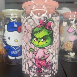 Baby Grinch 16oz Glass Cup w/ Glass Straw 