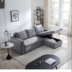 Gray Sectional Sofa w/ Pull-Out Lounge & Storage – Good Condition!