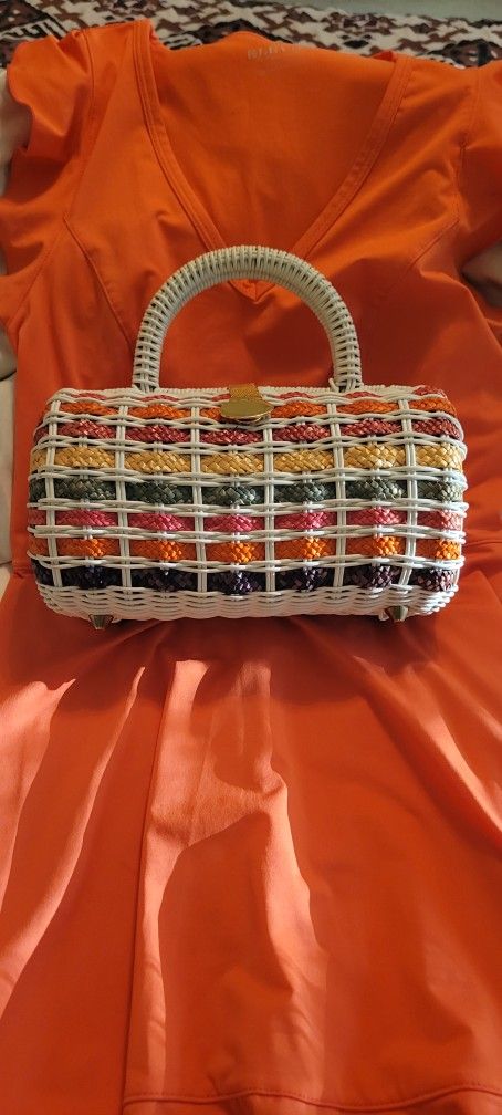 1980s Rainbow Straw Purse With Gold Chain Clasp