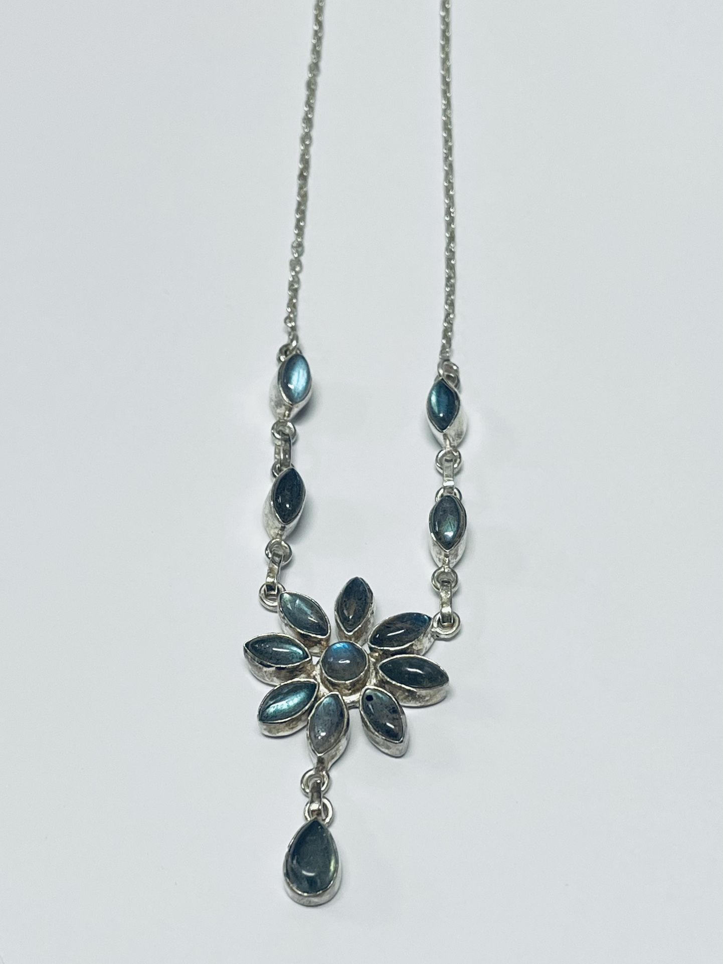 Vintage Sterling Silver Moonstone Flower Necklace