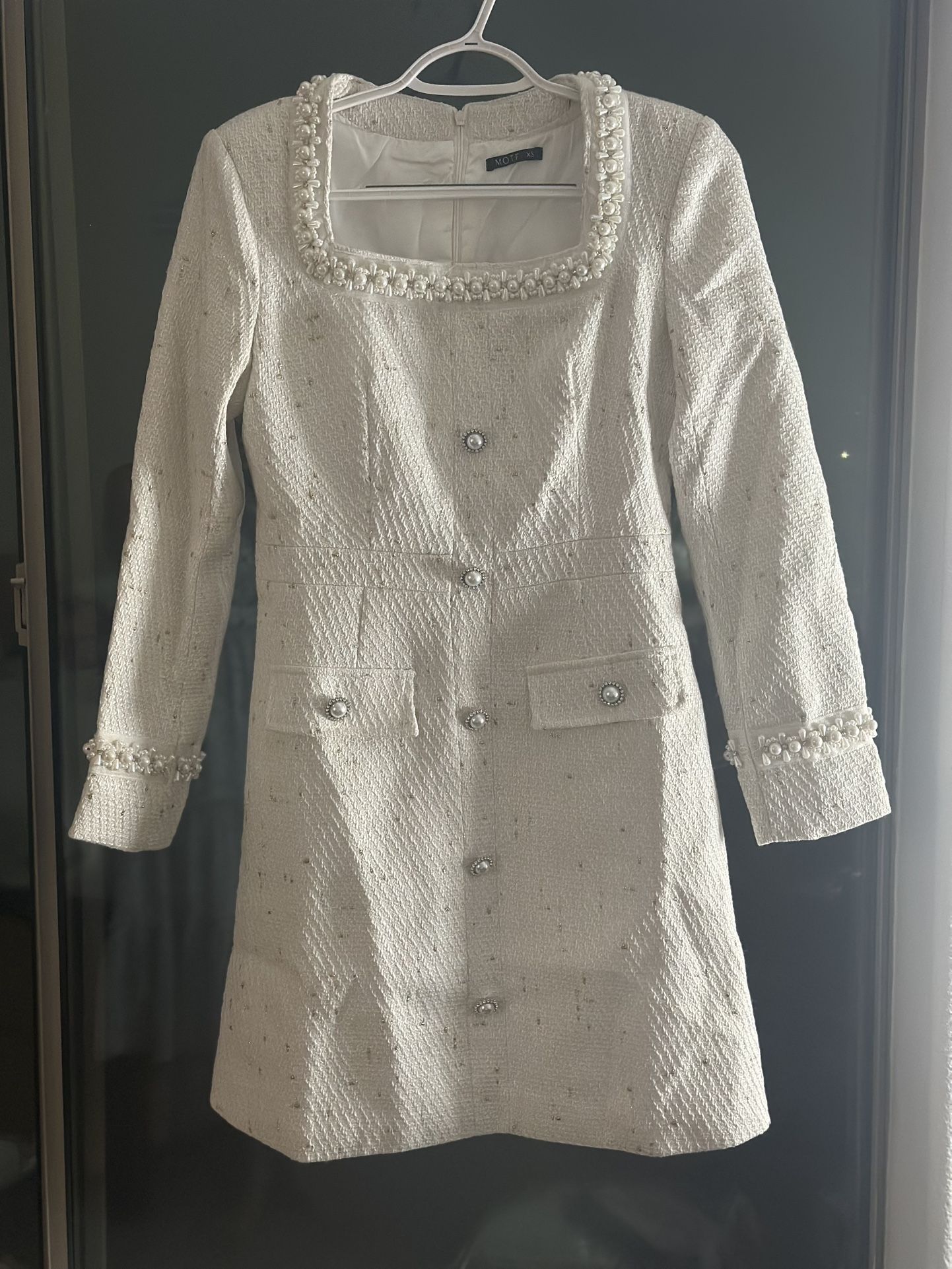 Elegant White Tweed Dress with Pearl Details – NEW – $25 (Originally $50)