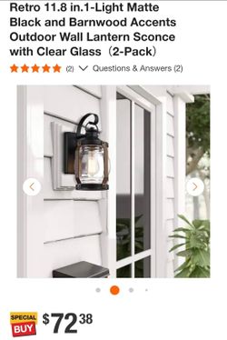 Set of 2 11.84-inch 1-light outdoor wall lamps, black and wood barn-style finishPaquete de 2 lámparas de pared para exteriores de 1 luz y 11,84 pulgad