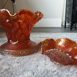 Orange Glass Compote And Small Bowl.