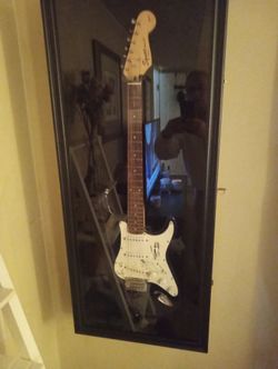 Rolling Stones sign guitar in display case ryan wood, mcjagger and Keith Richards. No c.o.a