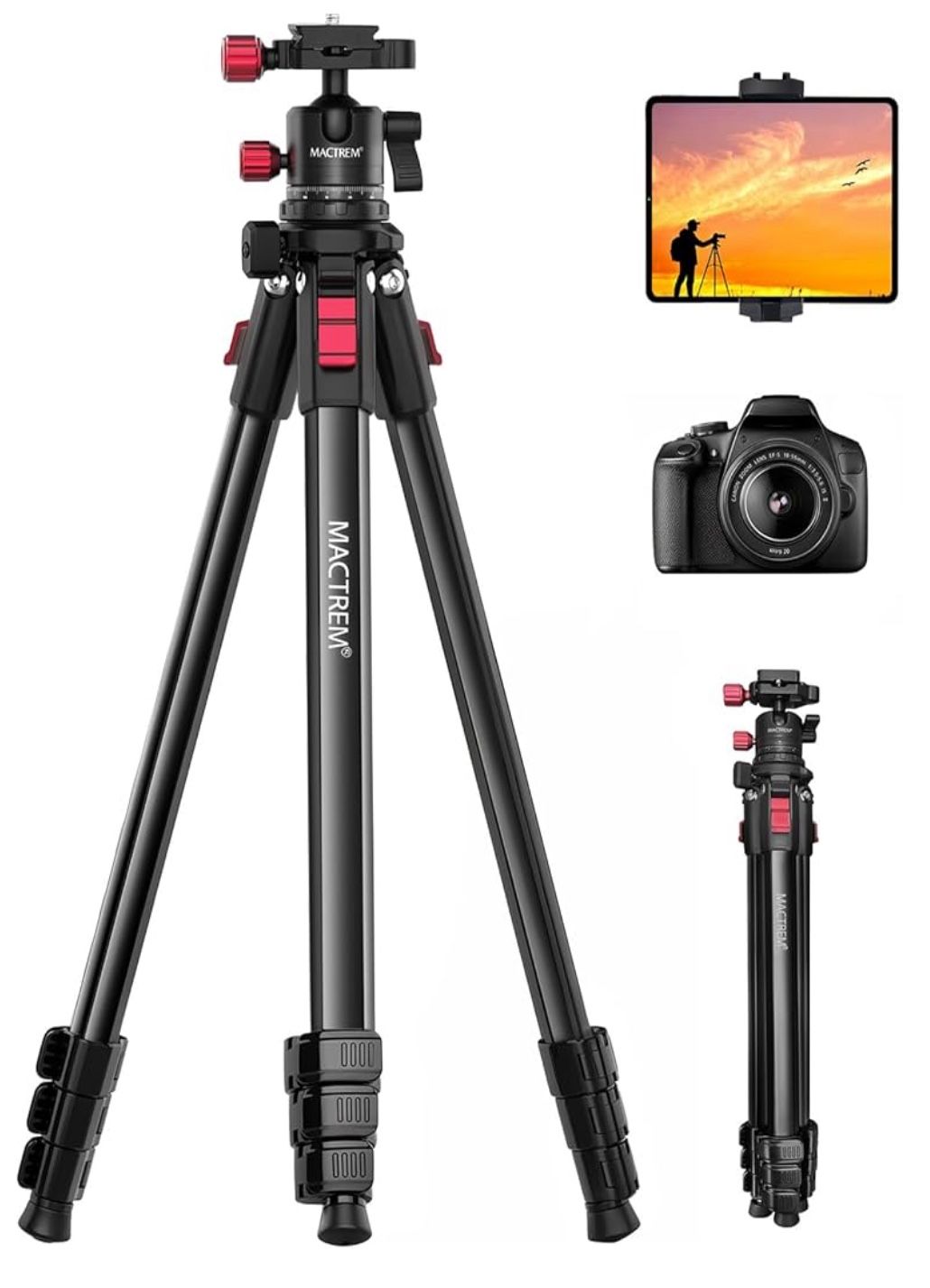 MACTREM Camera Tripod, 67-inch Travel Tripod and Monopod with 360° Ball Head, Heavy Duty Tripod for Smartphone, iPad, Canon, Nikon, Sony, Binoculars