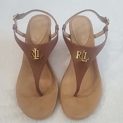 Ralph Lauren Polo Tan Leather Jeannie Wedge Heel Sandals Women's 9
