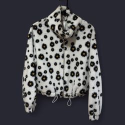 Fuzzy Daisy Print Zip-Up Crop Jacket