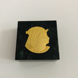 Vintage Egyptian Style Pharaoh Head In Gold Tone Mounted on Green Marble Square 