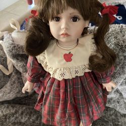 Vintage Collectible Brunette Doll With Tartan Dress 