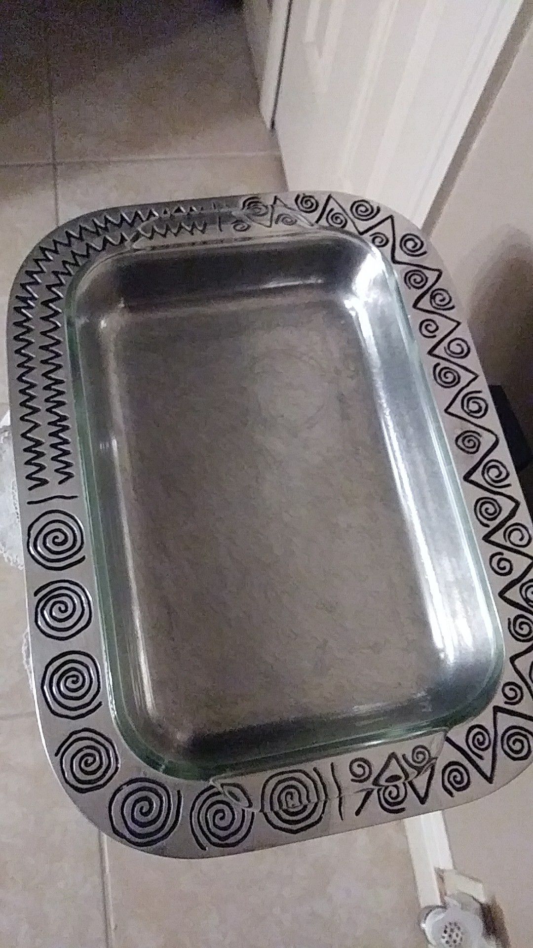 Pewter serving dish with Pyrex Thanksgiving