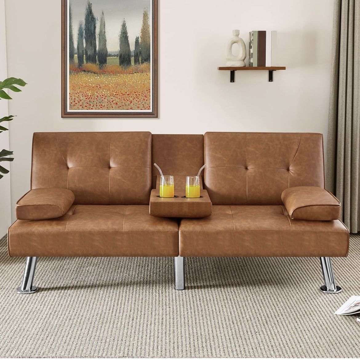 Convertible Sofa Bed Adjustable Couch Sleeper Modern Faux Leather Home Recliner Reversible Loveseat Folding Daybed Guest Bed, Removable Armrests, Cup 