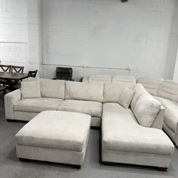 (Free Delivery) Thomasville Artesia Corduroy Cream Fabric Sectional Sofa Couch W/ Ottoman