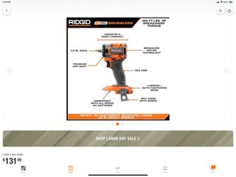RIDGID 18V Subcompact Brushless 3/8 In. Impact Wrench. $110 tool only new