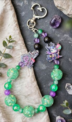 Maleficent Villain Beaded Wristlet Keychain - Green/Purple, Handmade