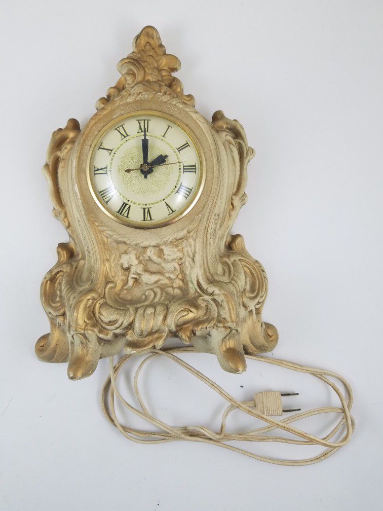 Vintage Lanshire Electric Clock Gold White Victorian Roman Numerals 1972 Cherubs 11" Tall Works 