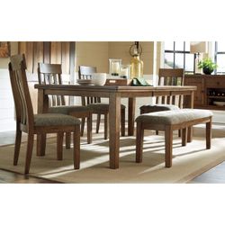 Ashley Furniture Flaybern internal storage leaf table, two chairs and one bench