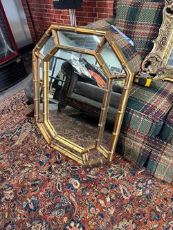 Vintage Hollywood Regency Gold Faux Bamboo Octagon Mirror 25” x 32”