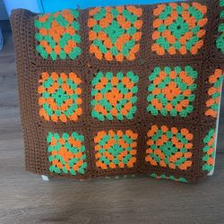 Vintage Handmade Crochet Granny Square Afghan Blanket Throw Oarnge Fall 65X39