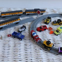 Vintage & New Micromachines Set #2 - "Rio Grande" Miniature Train & Track, Driven Pocket Sized Cars, Tonka, Galoob, Construction Vehicles, Tiny Signs