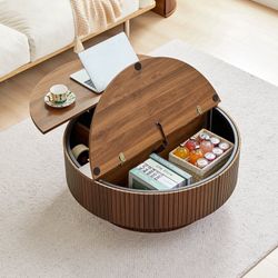 33" Round Coffee Table with Lift-Top & Flip-Top Storage, Modern Fluted with Metal Frame