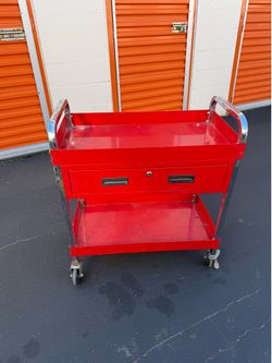 Vintage Red Metal Rolling Tool Cart Utility Service Garage Trolley
