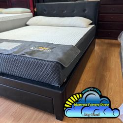 Queen Black Bed Frame Faux Leather w/ Storage Drawer 