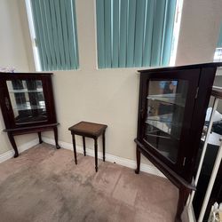 2 real wood corner display cases