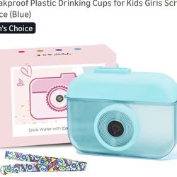 Kawaii Camera Shape Water Bottle with Straw and and Strap, 400ml Cute Cartoon Water Bottles with BPA Free Leakproof Plastic