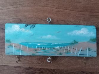 Hand painted wood beach scene key holder art